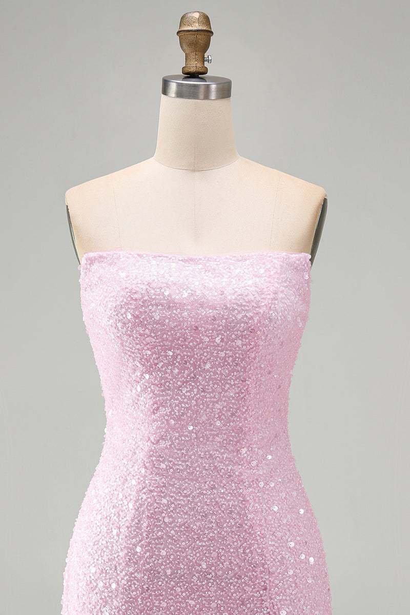 Load image into Gallery viewer, Pink Beaded Strapless Tight Short Cocktail Dress