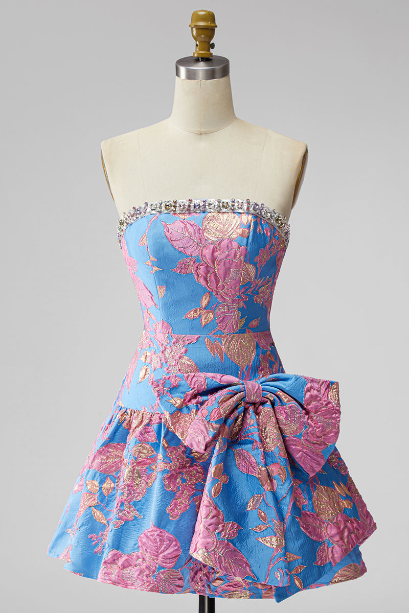 Load image into Gallery viewer, Blue Floral Beaded Strapless A Line Short Cocktail Dress with Bow