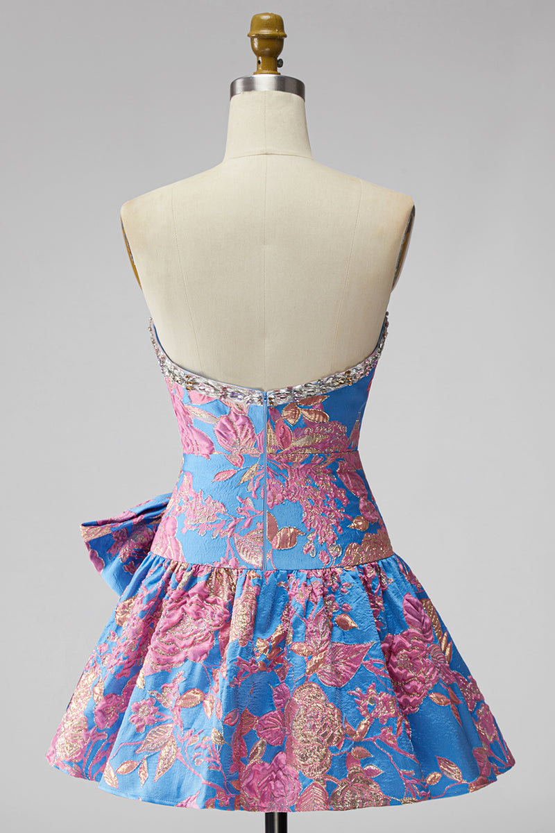 Load image into Gallery viewer, Blue Floral Beaded Strapless A Line Short Cocktail Dress with Bow