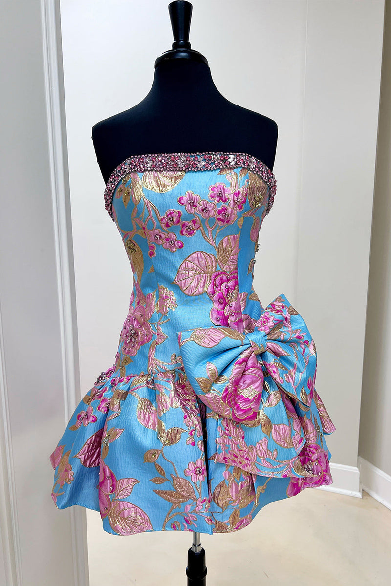 Load image into Gallery viewer, Blue Floral Beaded Strapless A Line Short Cocktail Dress with Bow