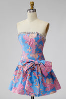 Load image into Gallery viewer, Blue Floral Beaded Strapless A Line Short Cocktail Dress with Bow