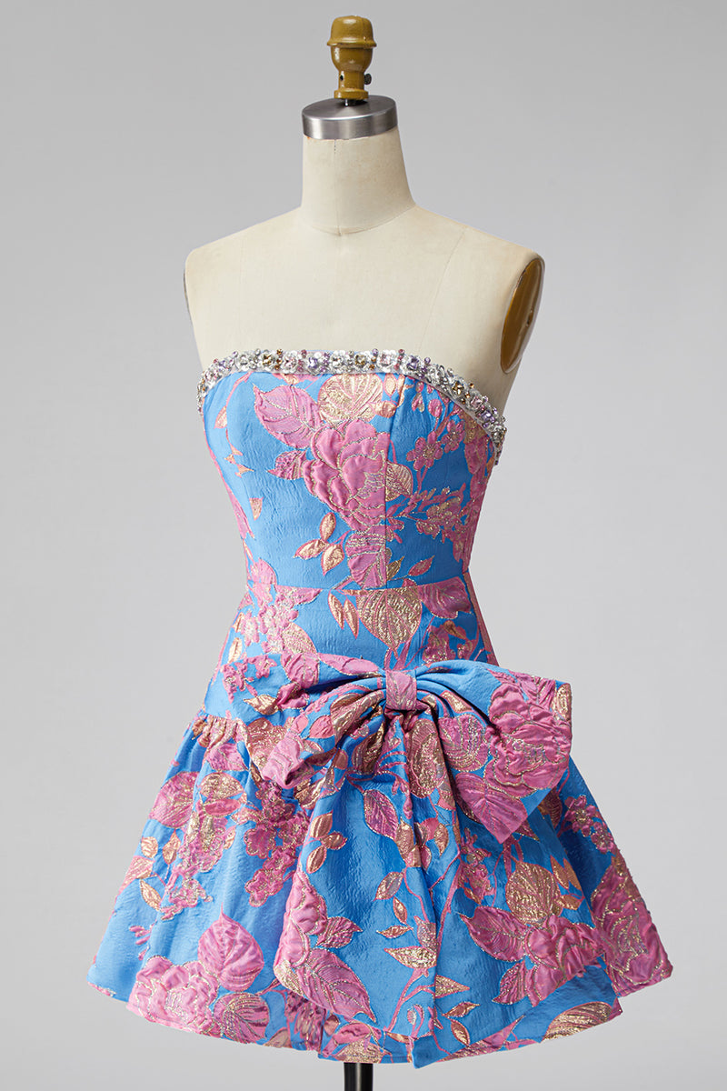 Load image into Gallery viewer, Blue Floral Beaded Strapless A Line Short Cocktail Dress with Bow