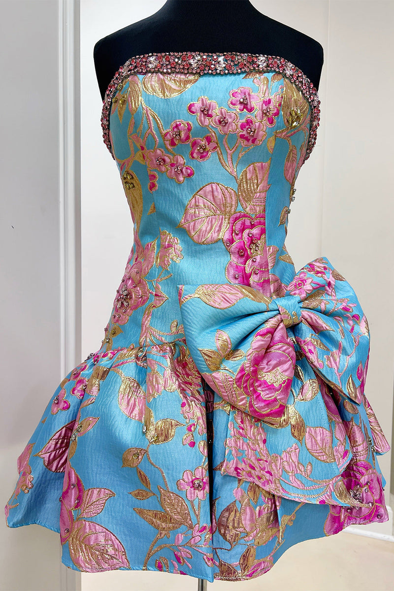 Load image into Gallery viewer, Blue Floral Beaded Strapless A Line Short Cocktail Dress with Bow