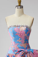 Load image into Gallery viewer, Blue Floral Beaded Strapless A Line Short Cocktail Dress with Bow