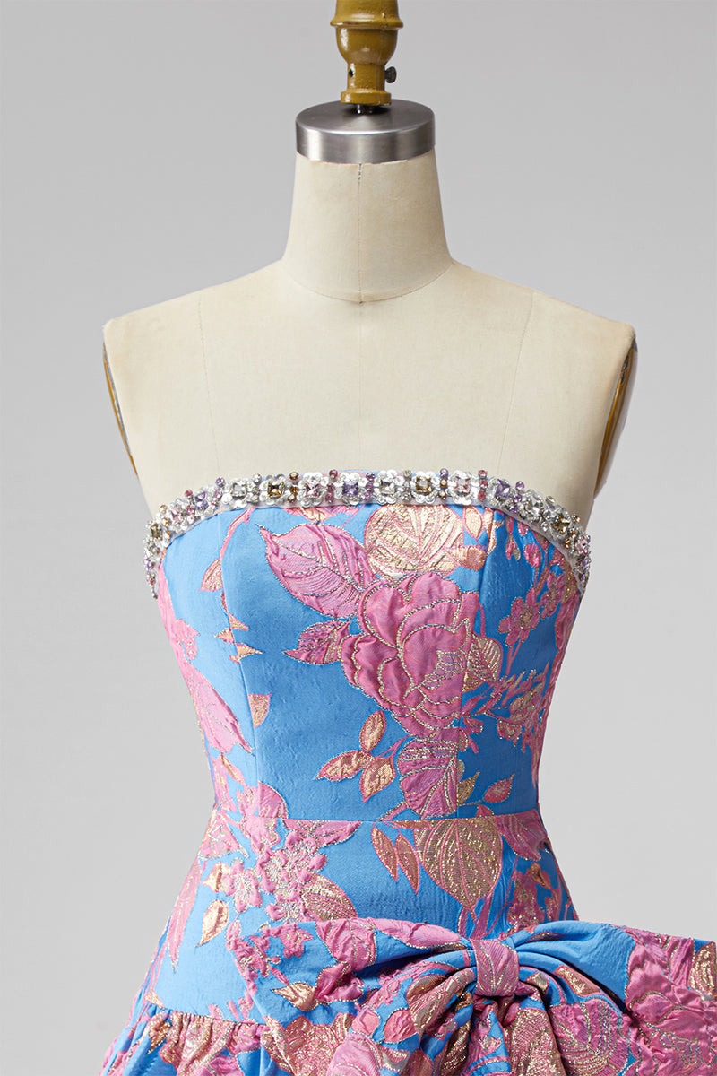 Load image into Gallery viewer, Blue Floral Beaded Strapless A Line Short Cocktail Dress with Bow