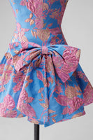 Load image into Gallery viewer, Blue Floral Beaded Strapless A Line Short Cocktail Dress with Bow