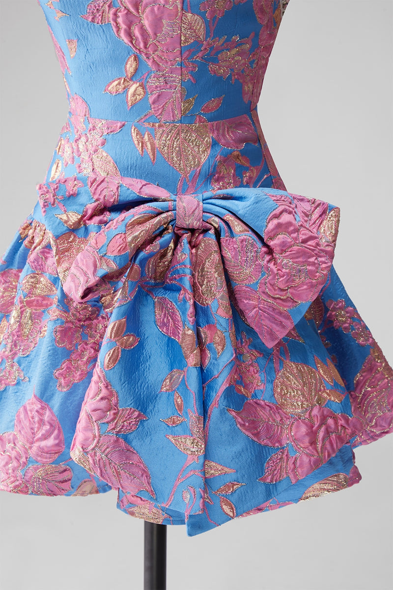 Load image into Gallery viewer, Blue Floral Beaded Strapless A Line Short Cocktail Dress with Bow