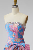Load image into Gallery viewer, Blue Floral Beaded Strapless A Line Short Cocktail Dress with Bow