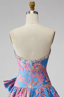 Load image into Gallery viewer, Blue Floral Beaded Strapless A Line Short Cocktail Dress with Bow
