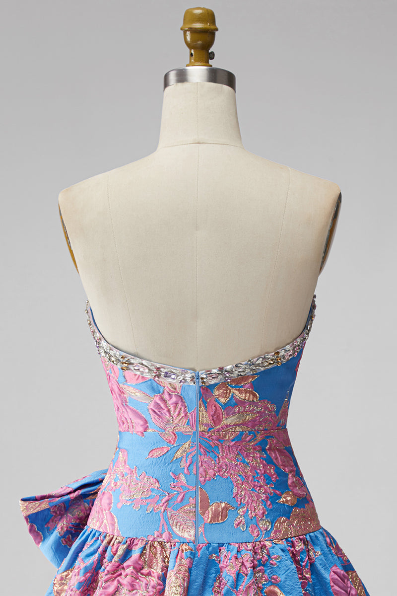 Load image into Gallery viewer, Blue Floral Beaded Strapless A Line Short Cocktail Dress with Bow