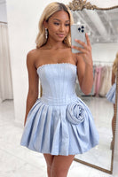 Load image into Gallery viewer, Navy Strapless Corset Beaded A Line Short Cocktail Dress with 3D Flower