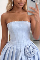 Load image into Gallery viewer, Navy Strapless Corset Beaded A Line Short Cocktail Dress with 3D Flower