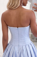 Load image into Gallery viewer, Navy Strapless Corset Beaded A Line Short Cocktail Dress with 3D Flower