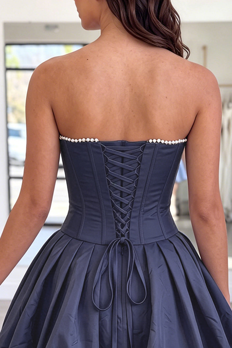 Load image into Gallery viewer, Navy Strapless Corset Beaded A Line Short Cocktail Dress with 3D Flower
