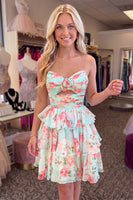 Load image into Gallery viewer, Green Red Flower Ruffled Tiered Strapless Cut Out A Line Short Cocktail Dress