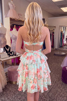 Load image into Gallery viewer, Green Red Flower Ruffled Tiered Strapless Cut Out A Line Short Cocktail Dress
