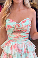 Load image into Gallery viewer, Green Red Flower Ruffled Tiered Strapless Cut Out A Line Short Cocktail Dress