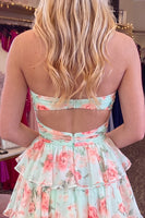 Load image into Gallery viewer, Green Red Flower Ruffled Tiered Strapless Cut Out A Line Short Cocktail Dress