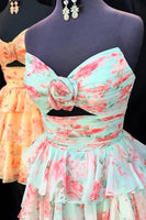 Load image into Gallery viewer, Green Red Flower Ruffled Tiered Strapless Cut Out A Line Short Cocktail Dress