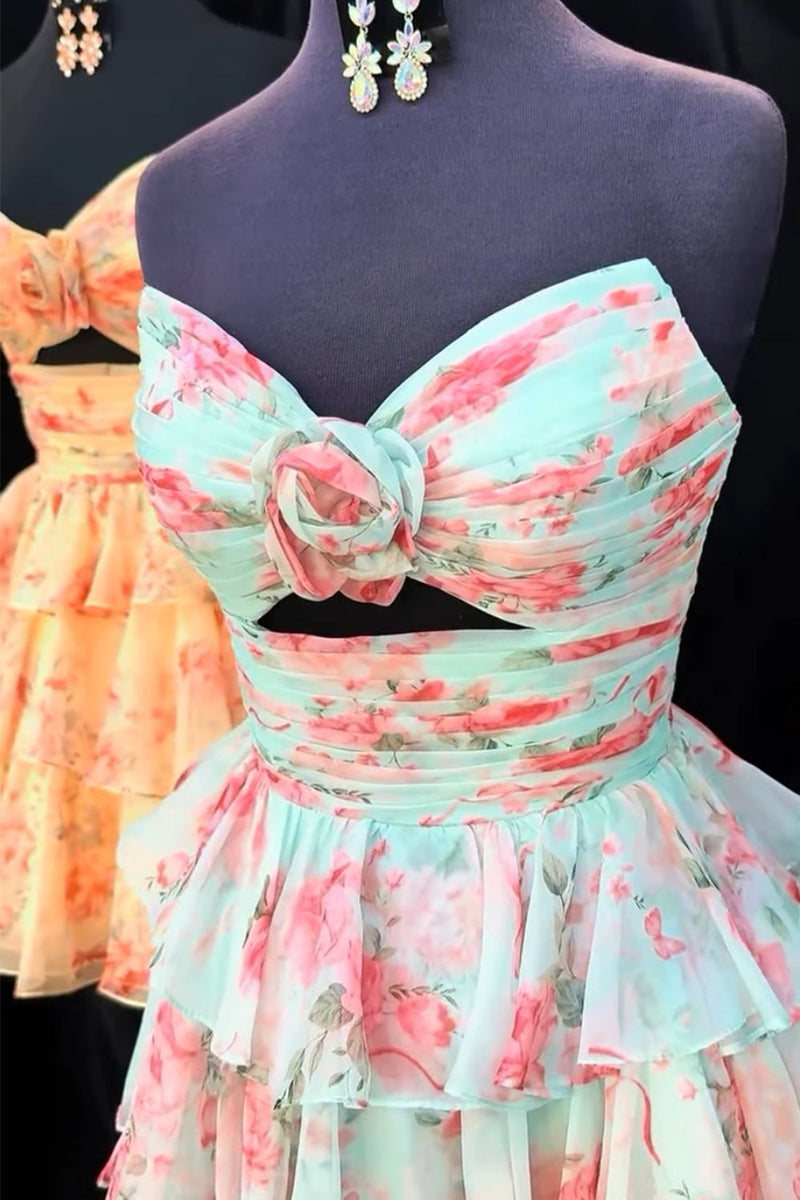 Load image into Gallery viewer, Green Red Flower Ruffled Tiered Strapless Cut Out A Line Short Cocktail Dress