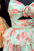 Load image into Gallery viewer, Green Red Flower Ruffled Tiered Strapless Cut Out A Line Short Cocktail Dress