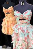 Load image into Gallery viewer, Green Red Flower Ruffled Tiered Strapless Cut Out A Line Short Cocktail Dress