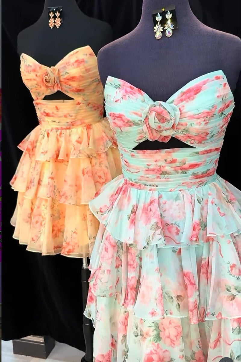 Load image into Gallery viewer, Green Red Flower Ruffled Tiered Strapless Cut Out A Line Short Cocktail Dress