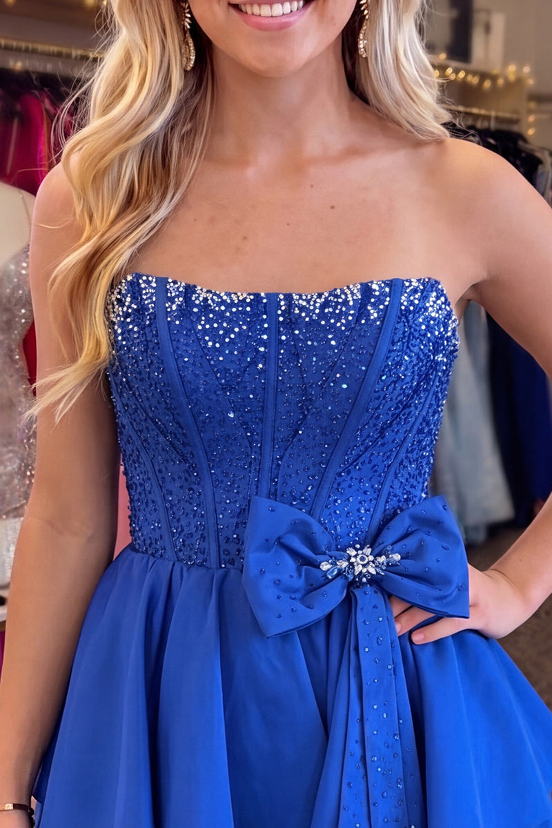 Load image into Gallery viewer, Royal Blue Corset Beaded Tiered A Line Short Cocktail Dress with Bow
