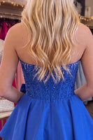 Load image into Gallery viewer, Royal Blue Corset Beaded Tiered A Line Short Cocktail Dress with Bow