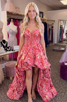 Load image into Gallery viewer, Red Floral Corset Strapless A Line High Low Cocktail Dress