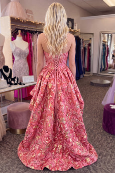 Red Floral Corset Strapless A Line High Low Cocktail Dress