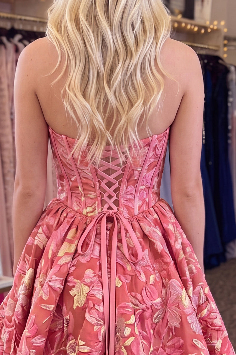 Load image into Gallery viewer, Red Floral Corset Strapless A Line High Low Cocktail Dress