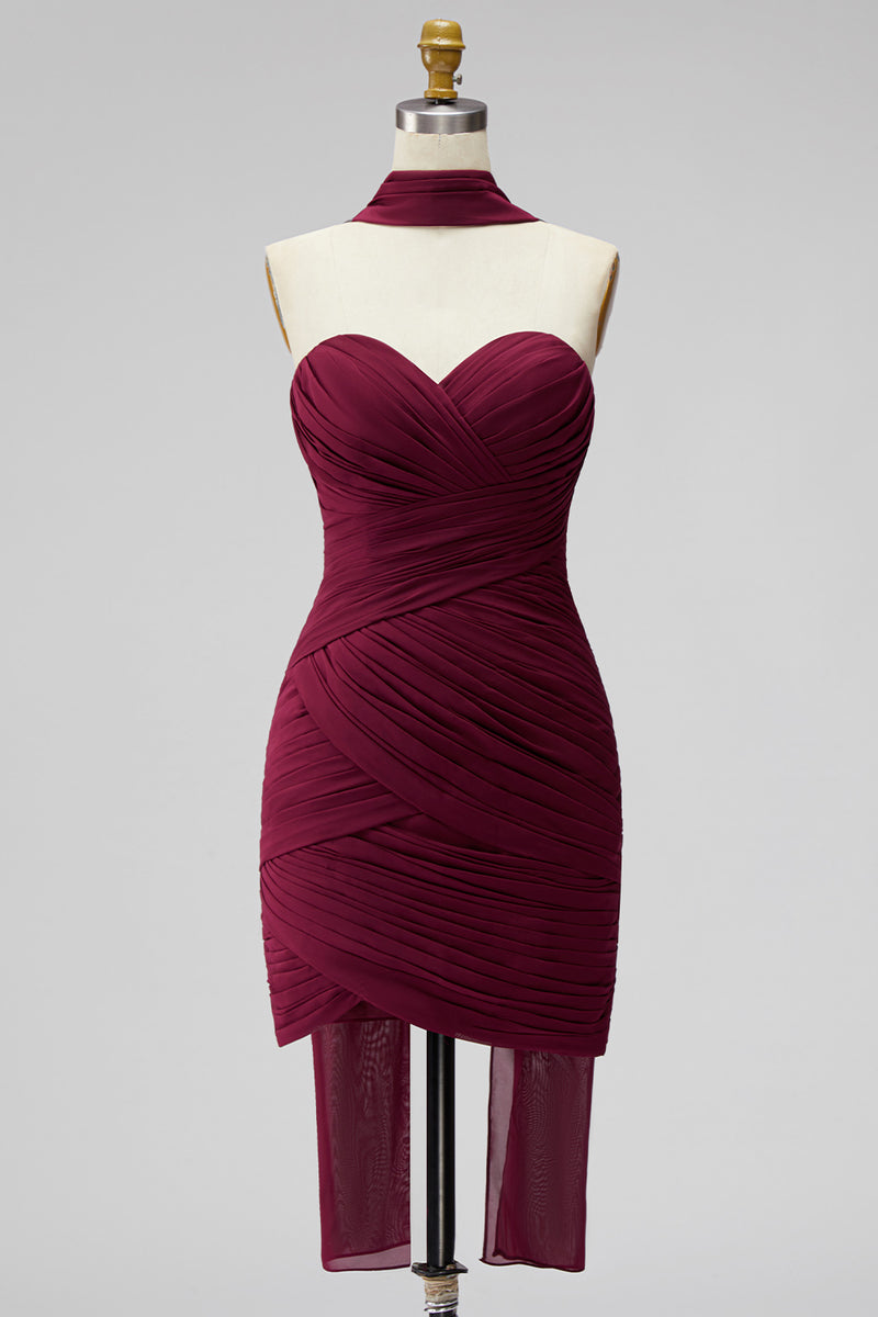 Load image into Gallery viewer, Burgundy Strapless Pleated Neck Scarf Tight Short Cocktail Dress