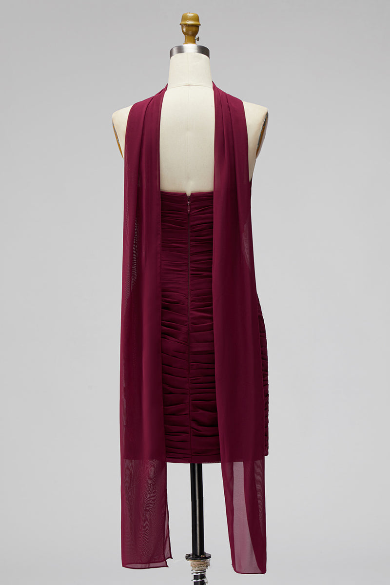 Load image into Gallery viewer, Burgundy Strapless Pleated Neck Scarf Tight Short Cocktail Dress