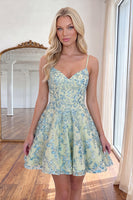 Load image into Gallery viewer, Light Green Beaded A Line V Neck Short Cocktail Dress