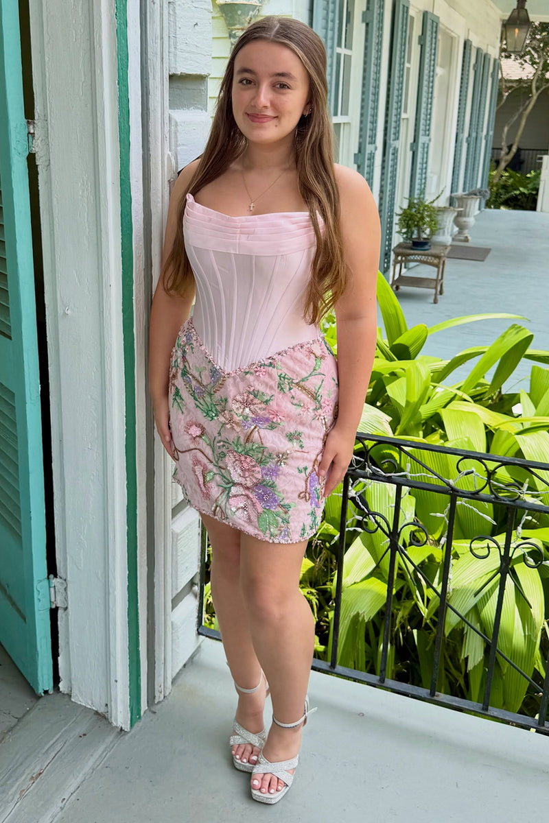 Load image into Gallery viewer, Light Pink Floral Corset Strapless Ruched Tight Short Cocktail Dress