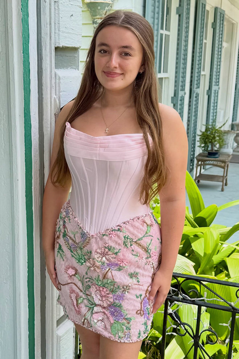 Load image into Gallery viewer, Light Pink Floral Corset Strapless Ruched Tight Short Cocktail Dress