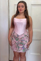 Load image into Gallery viewer, Light Pink Floral Corset Strapless Ruched Tight Short Cocktail Dress