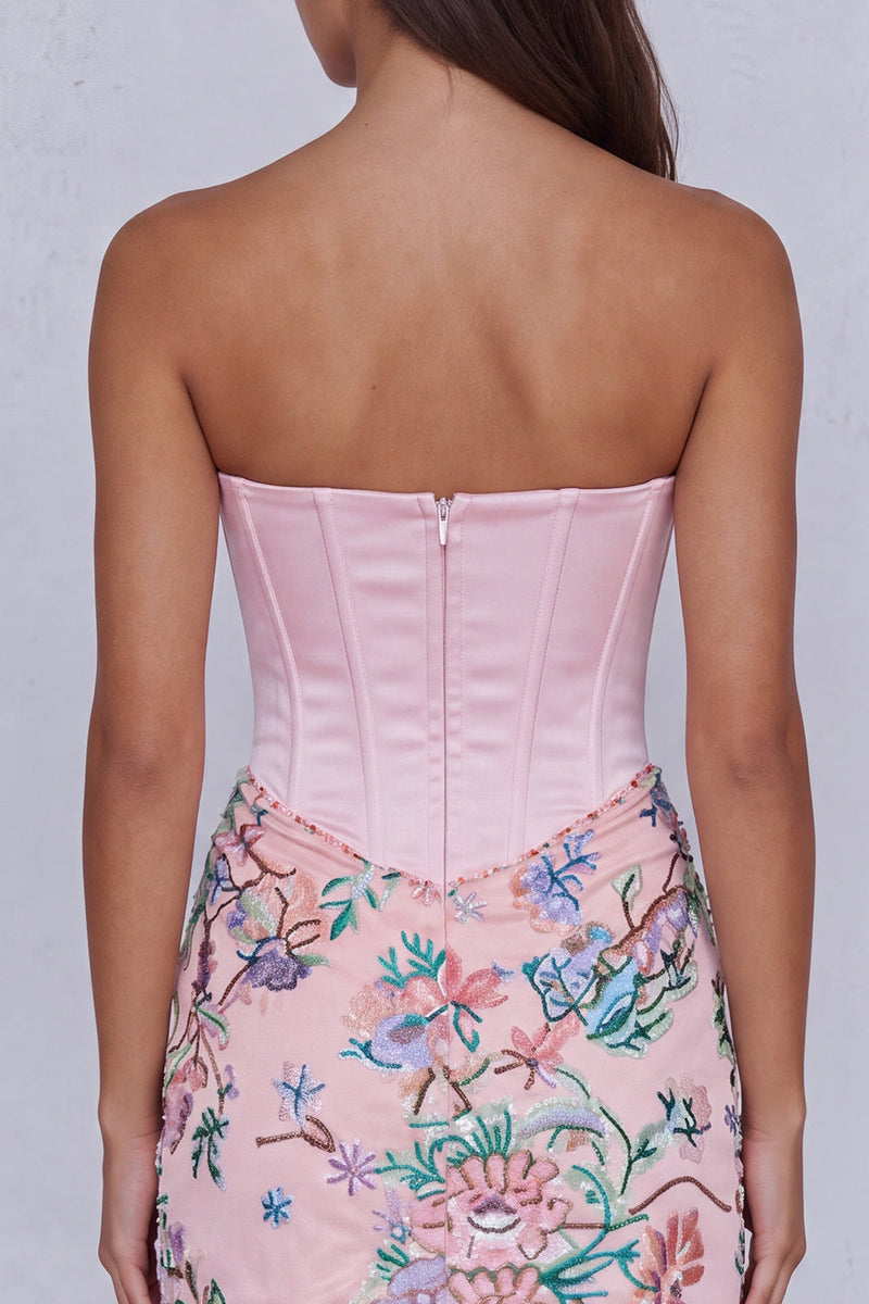 Load image into Gallery viewer, Light Pink Floral Corset Strapless Ruched Tight Short Cocktail Dress
