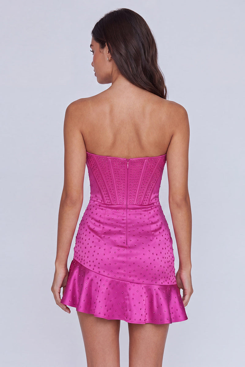 Load image into Gallery viewer, Fuchsia Beaded Corset Strapless Ruffled Tight Short Cocktail Dress
