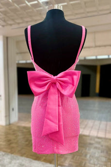 Sparkly Fuchsia Beaded Short Cocktail Dress with Bow