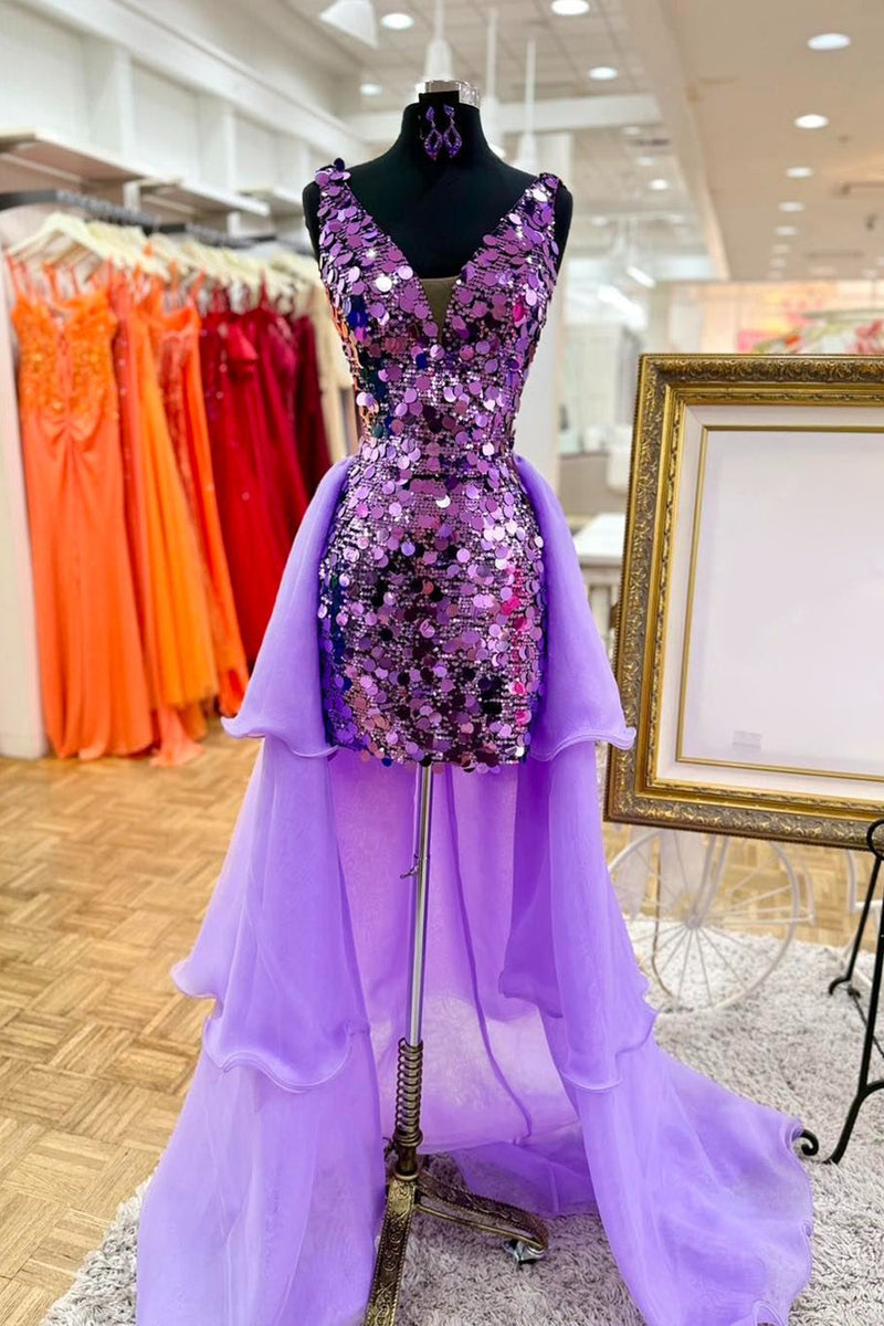 Load image into Gallery viewer, Sparkly Dark Purple Sequin Bodycon Short Cocktail Dress with Cape