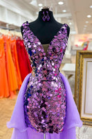Load image into Gallery viewer, Sparkly Dark Purple Sequin Bodycon Short Cocktail Dress with Cape