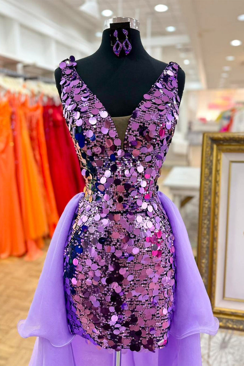 Load image into Gallery viewer, Sparkly Dark Purple Sequin Bodycon Short Cocktail Dress with Cape