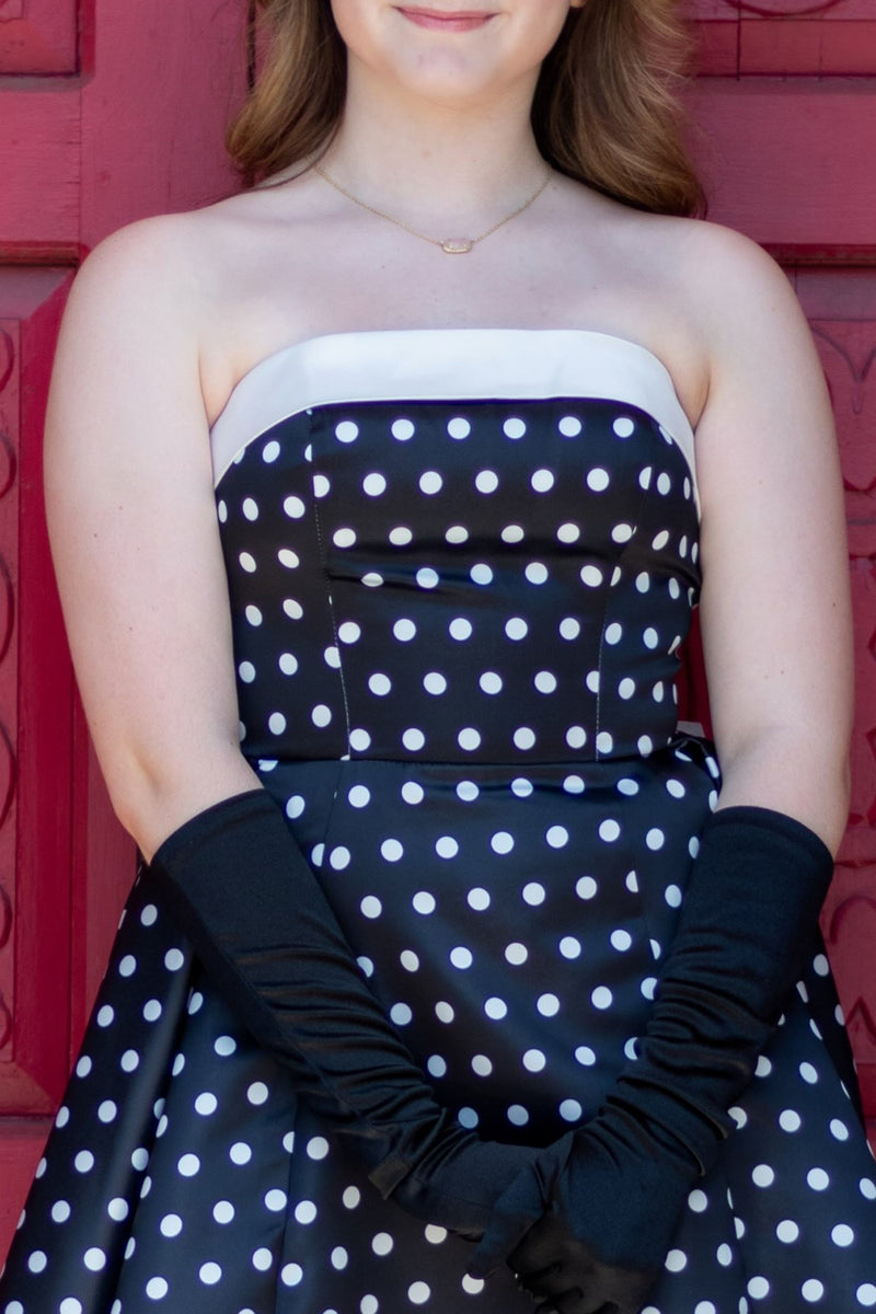 Load image into Gallery viewer, Black and White Polka Dots A Line Strapless Short Cocktail Dress with Bow