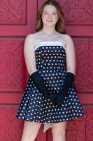 Load image into Gallery viewer, Black and White Polka Dots A Line Strapless Short Cocktail Dress with Bow