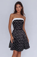 Load image into Gallery viewer, Black and White Polka Dots Strapless Short Cocktail Dress with Bow