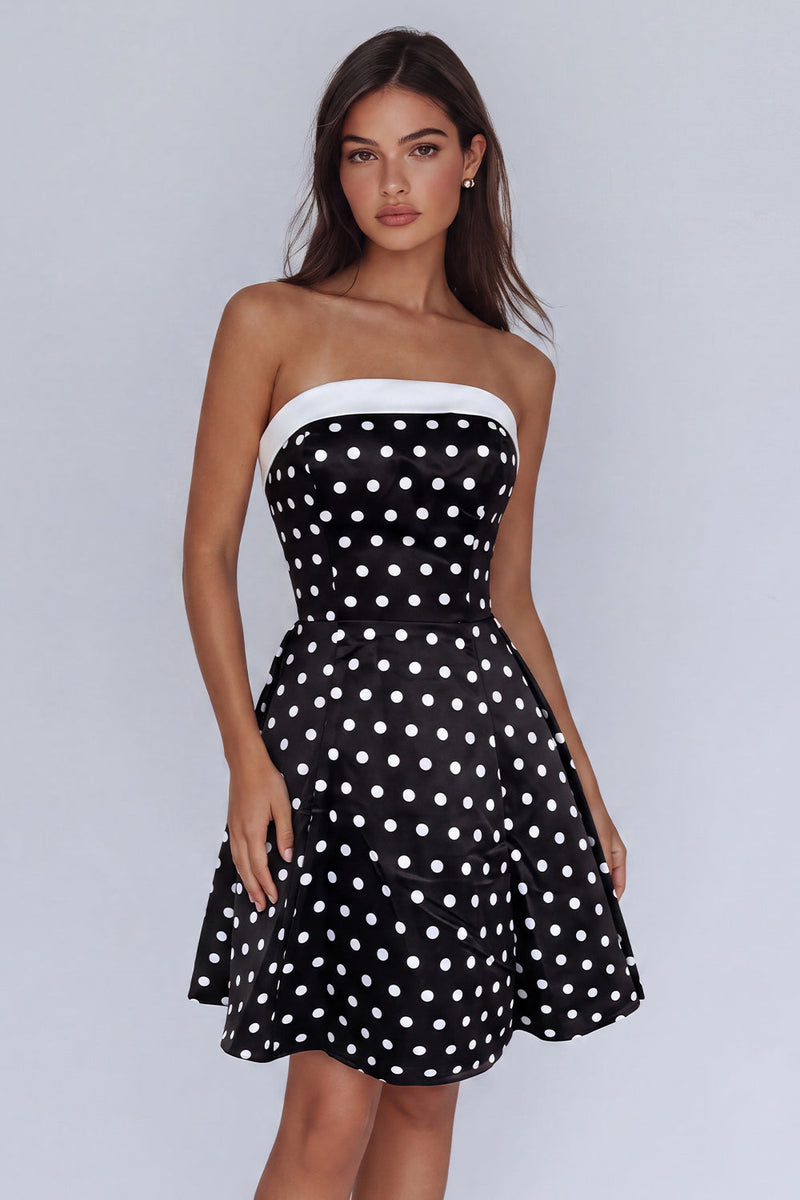 Load image into Gallery viewer, Black and White Polka Dots Strapless Short Cocktail Dress with Bow