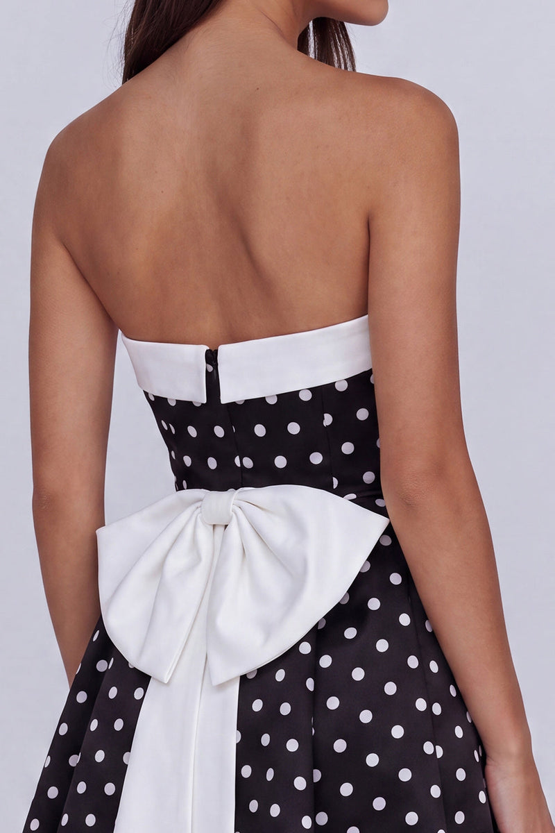 Load image into Gallery viewer, Black and White Polka Dots Strapless Short Cocktail Dress with Bow