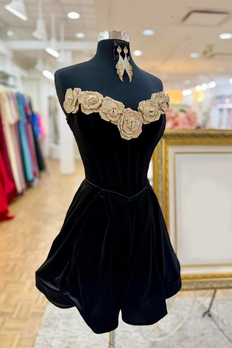 Load image into Gallery viewer, Black Strapless Velvet A Line Short Cocktail Dress with 3D Flowers